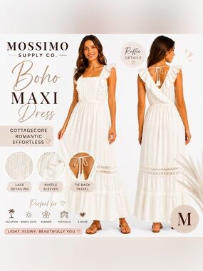Mossimo cream Boho Maxi Dress Lace Ruffle Cottagecore Festival Beach Size M